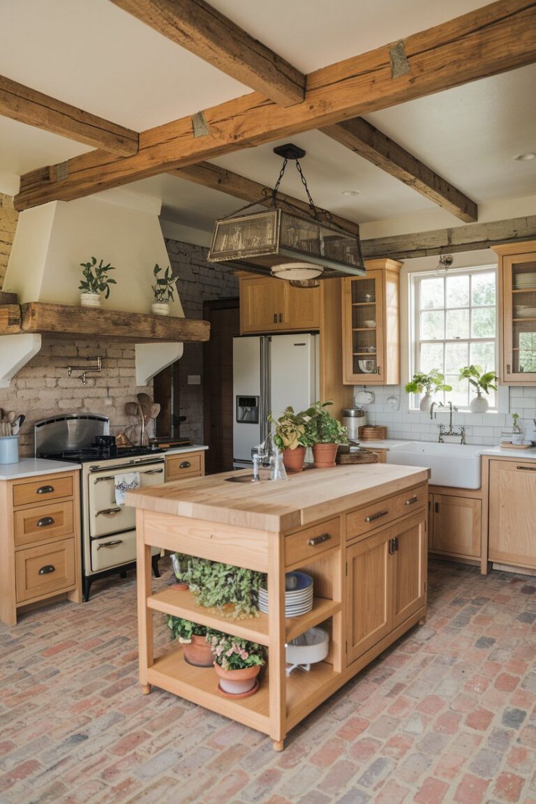 Snapshot of Farmhouse Kitchen Style With Wooden Beams And Brick Exterior