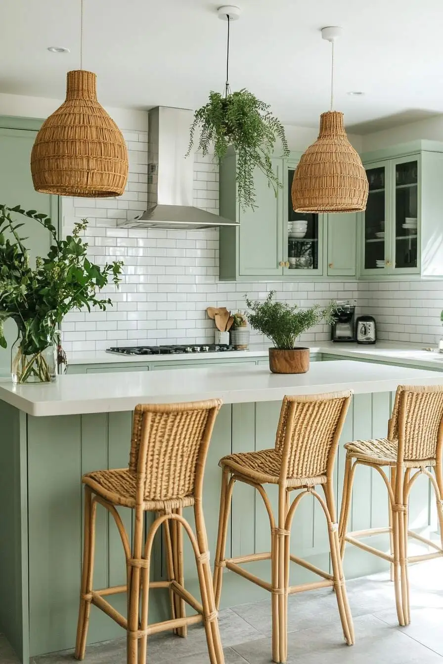 Bohemian-Style Kitchen with Muted Sage Green Cabinets