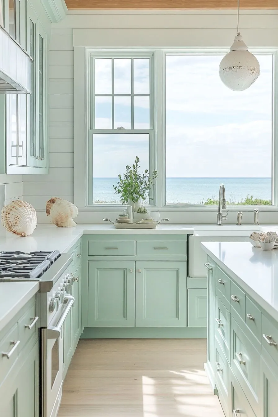 Bright and Airy Coastal Kitchen with Pastel Green Cabinets