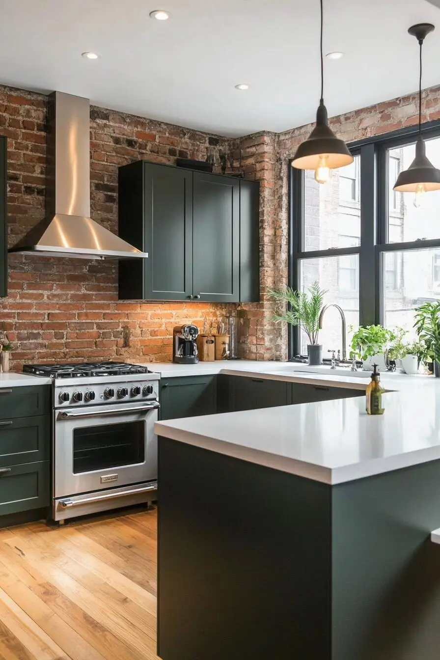 Contemporary Loft-Style Kitchen with Dark Green Cabinets