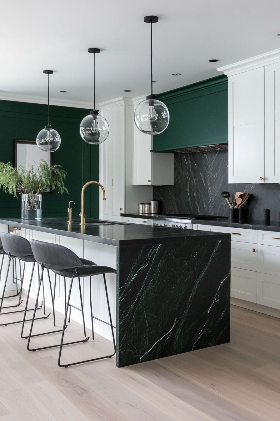 Elegant Emerald Green Kitchen with a Black Marble Island