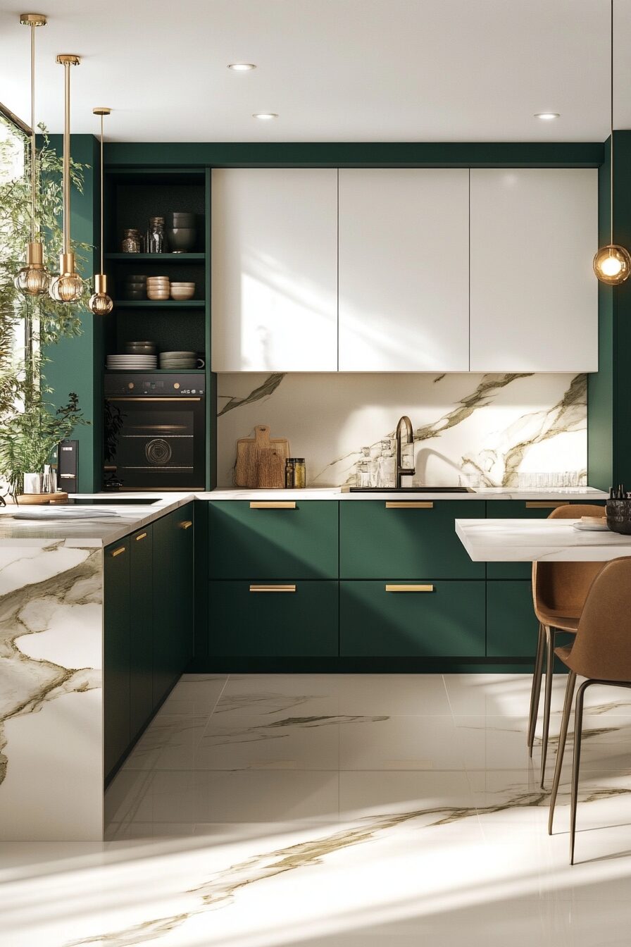 Modern Green Kitchen with White Shaker Cabinets