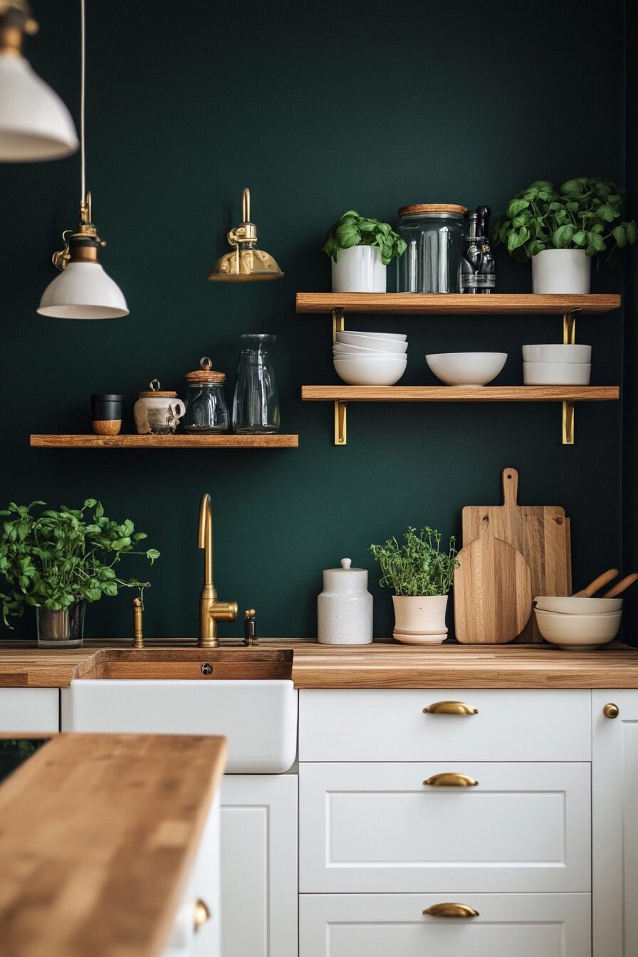 Small Urban Kitchen with Deep Forest Green Walls