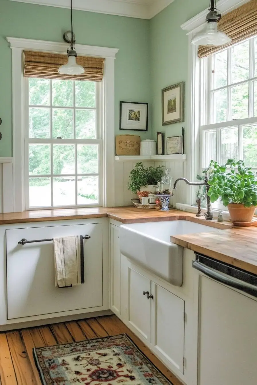 Traditional Country-Style Kitchen with Mint Green Walls